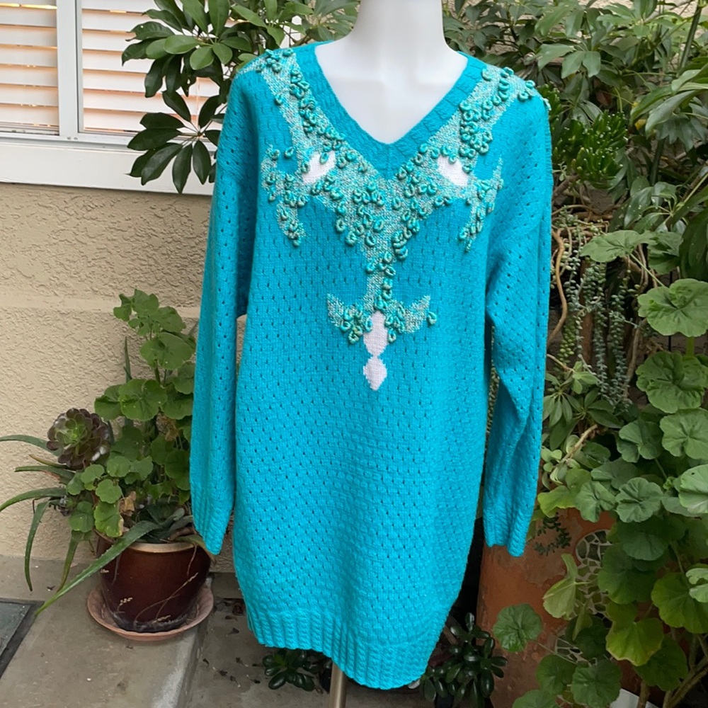 Vintage 80’s turquoise hand knitted wool sweater/dress